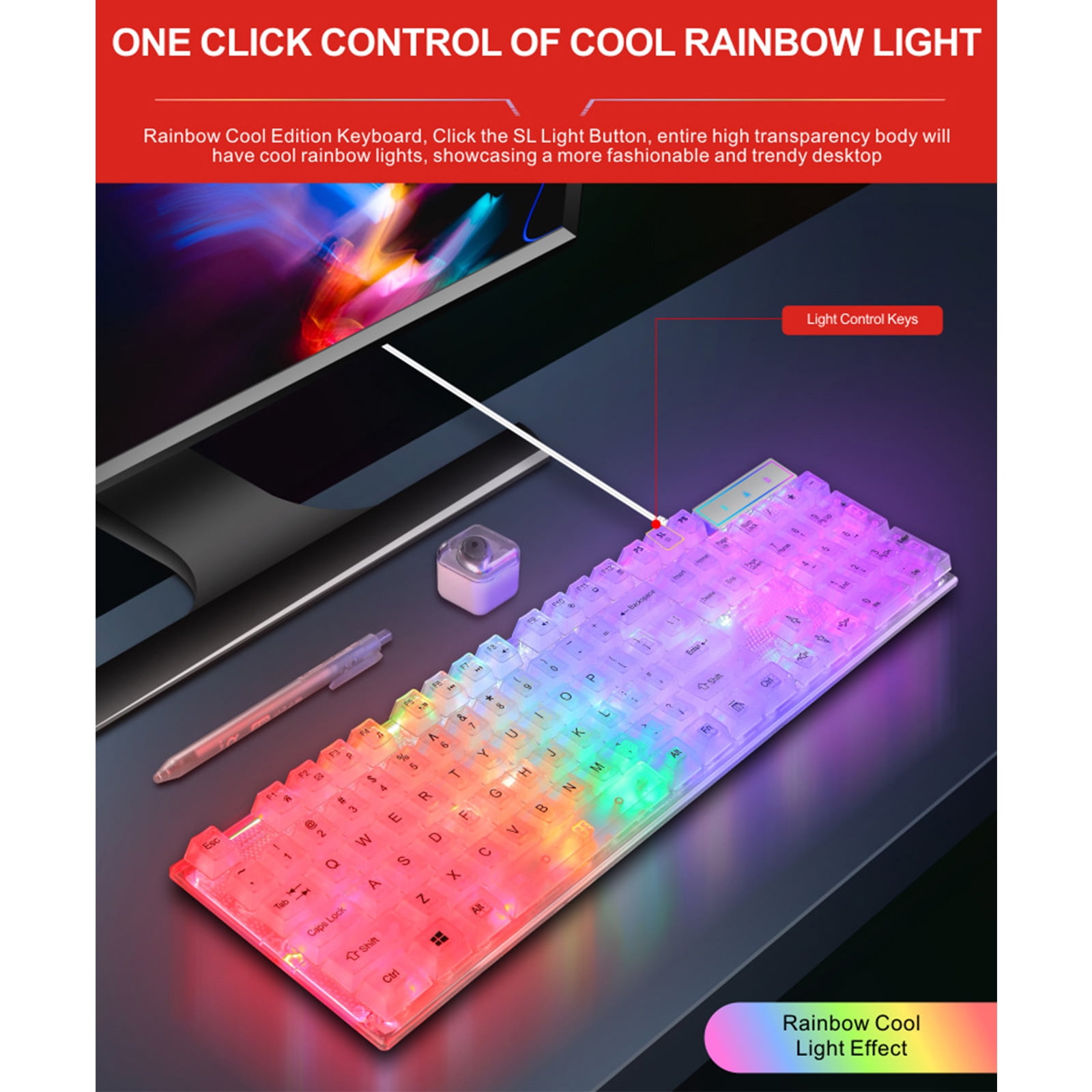 104Key RGBs Gaming Keyboards with Adjustable Backlight USB Cord Floating Keycaps Waterproof Dustproof for and