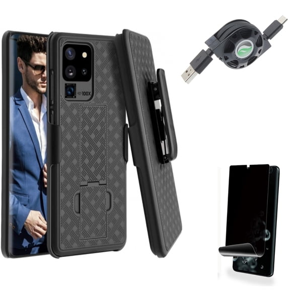 Privacy Screen Protector w USB Cable w Case Belt Clip for Samsung Galaxy S20 Ultra - TPU Film [NOT GLASS] [Fingerprint Works], Retractable Type-C Charger, Holster Swivel Cover fits Galaxy S20 Ultra