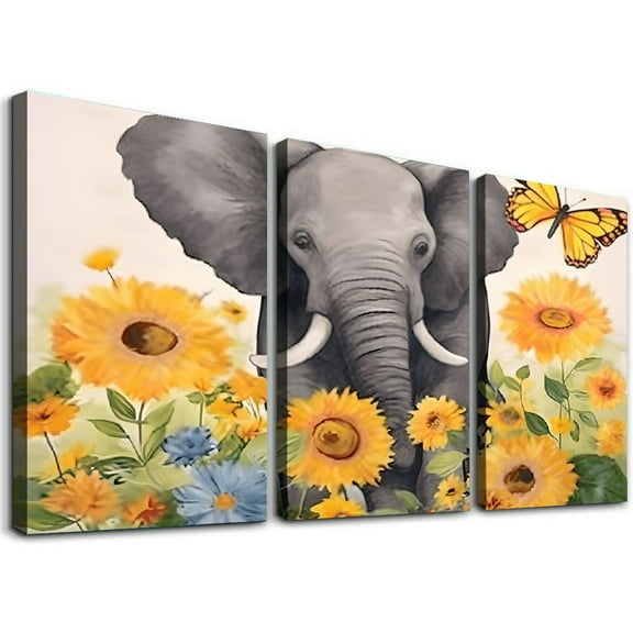 Shadudu Elephant Sunflowers Butterflies Canvas Wall Decor Triptych for Living Room Bedroom Office Art Print On Canvas Set of 3 Unframed 12x16 Inches 12"x16"x3pcs