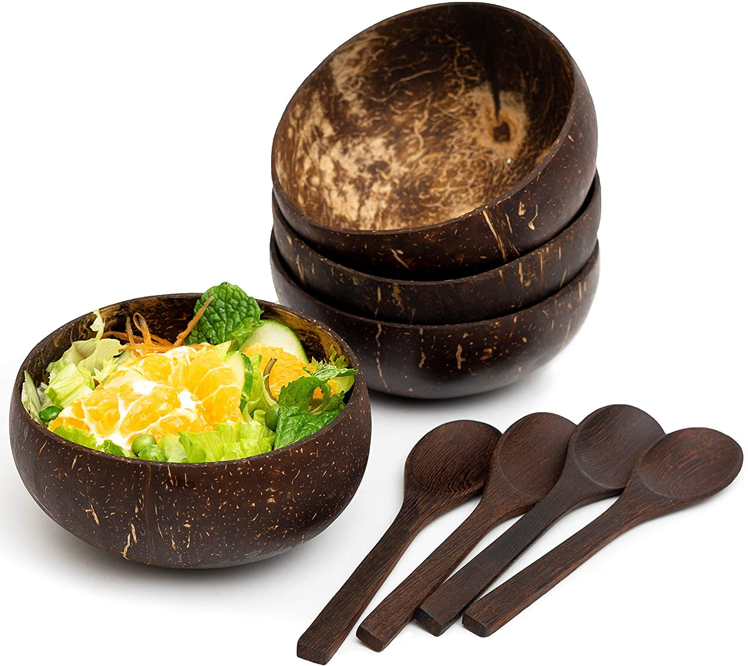 Polished With Oil, - 100% Natural Hand Made Coconut Bowl And Spoon Set Of 4 