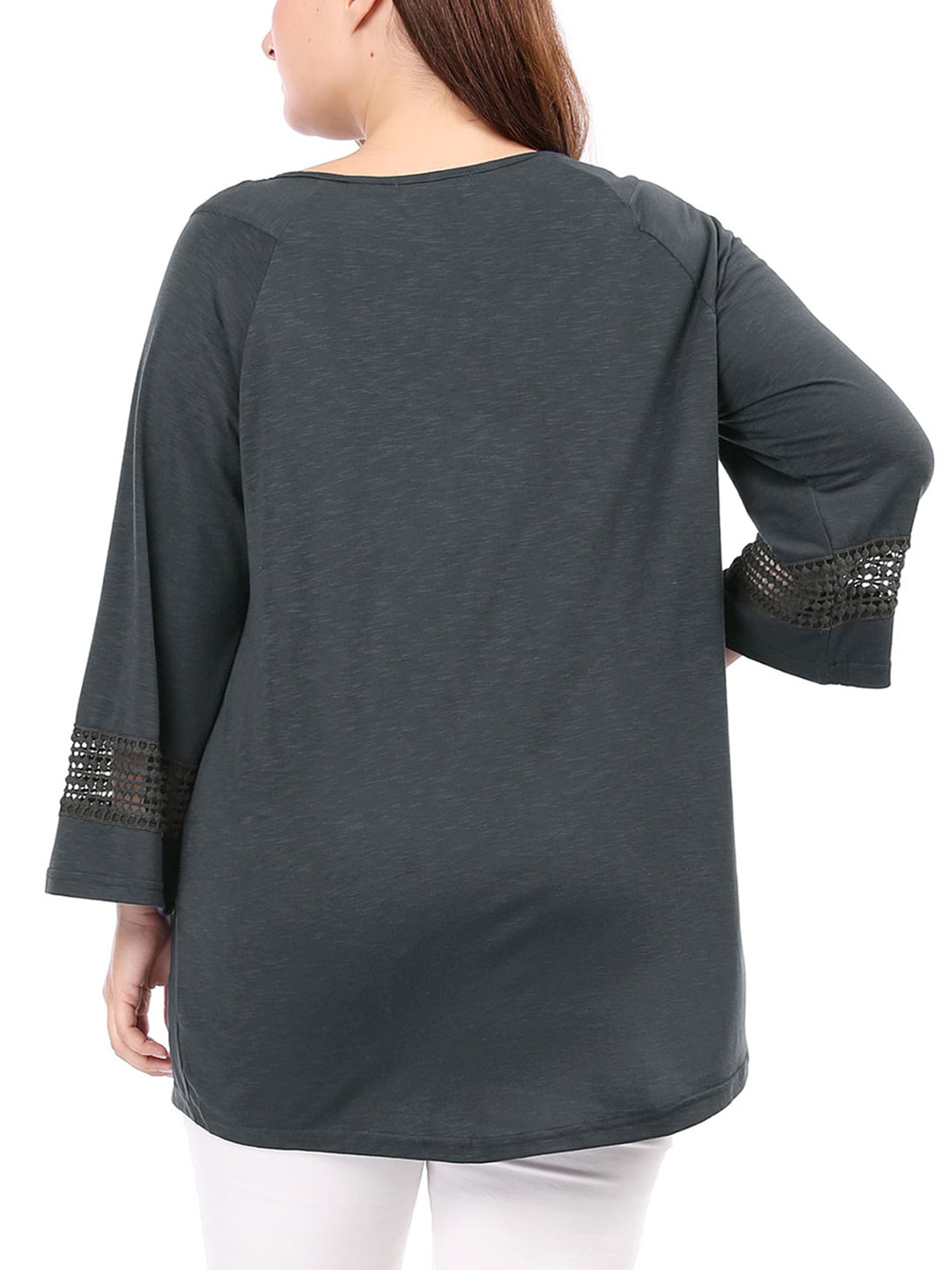 Unique Bargains Juniors' Plus Size Crochet Panel Kimono Raglan Sleeves Ruched Front Top Dark Grey 1X