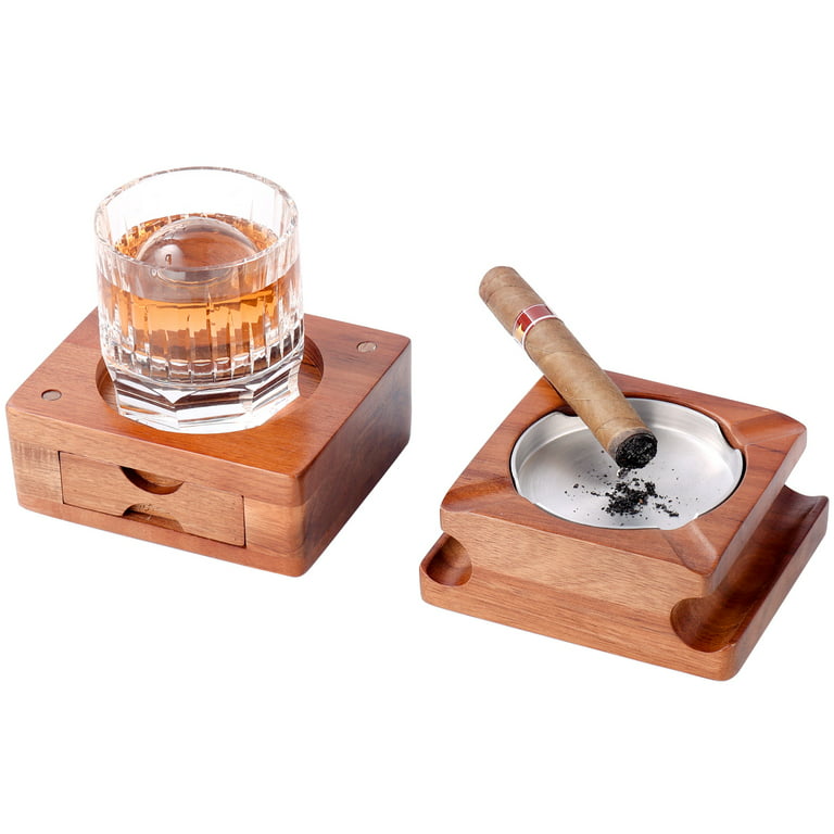 Cigar Ashtray Coaster Whiskey Glass Tray and Cigar Holder, Wooden Ash Tray,  Slot to Hold Cigar