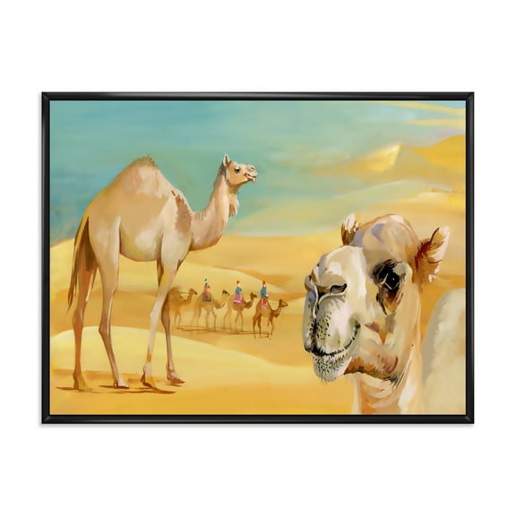 Designart 'Camels In Wild Desert II' Farmhouse Framed Canvas Wall Art Print
