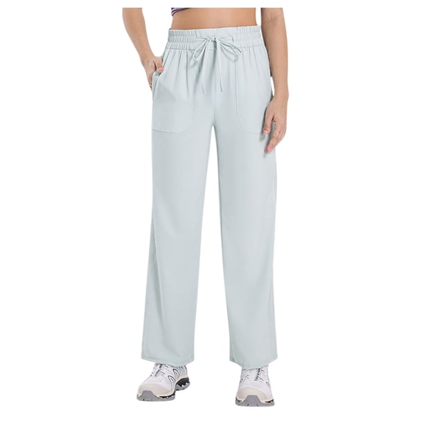Pantalones deportivos casuales de mujer con pernera ancha, bolsillos y cordón ajustable - Poliéster elástico en 4 direcciones, cintura alta, protección UV para yoga/actividades al aire libre