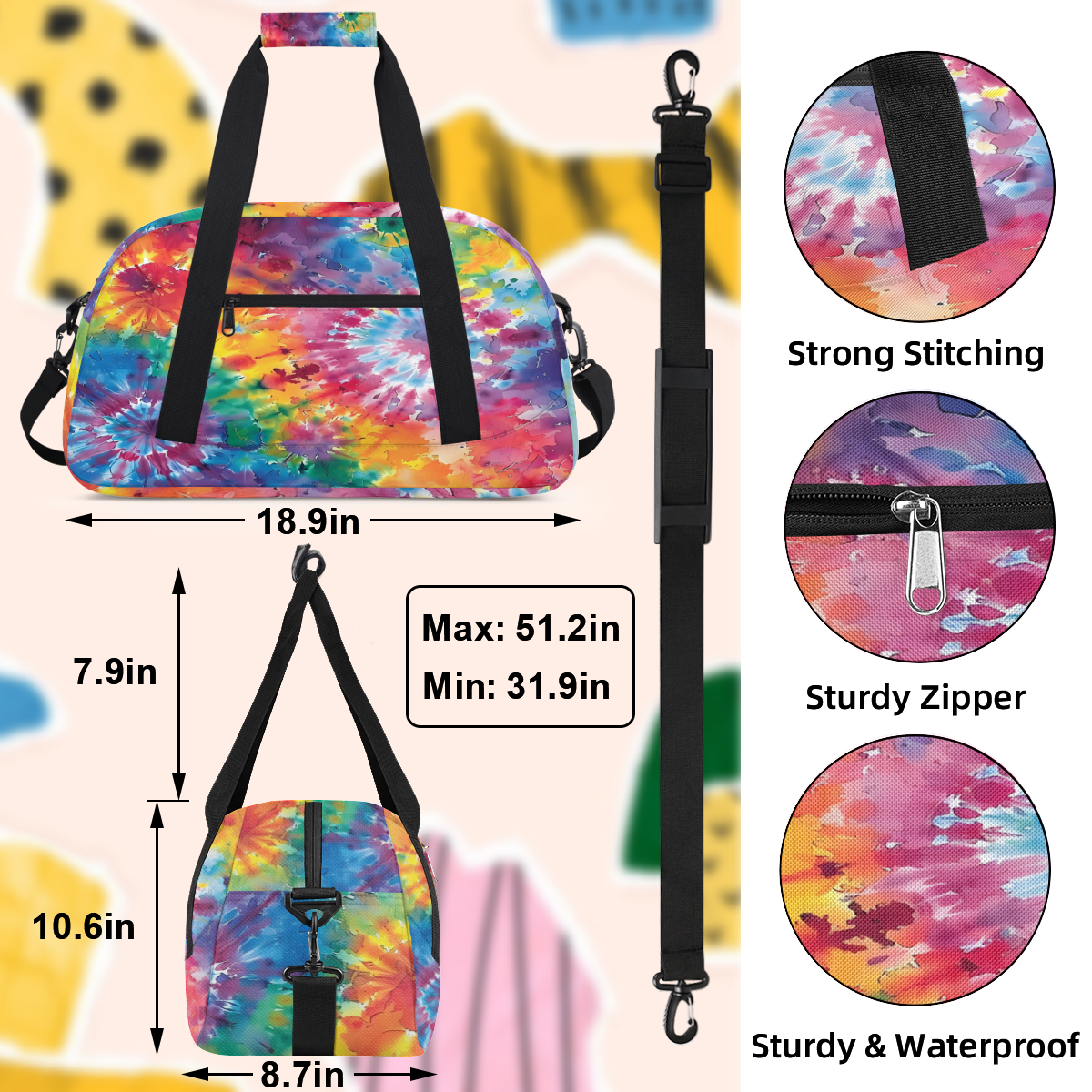 Herdesigns Tie Dye Sports Duffle Bag for Women & Men, Colorful Gym Bag Dance Bag Overnight Bag Carry On Weekender Travel Bag