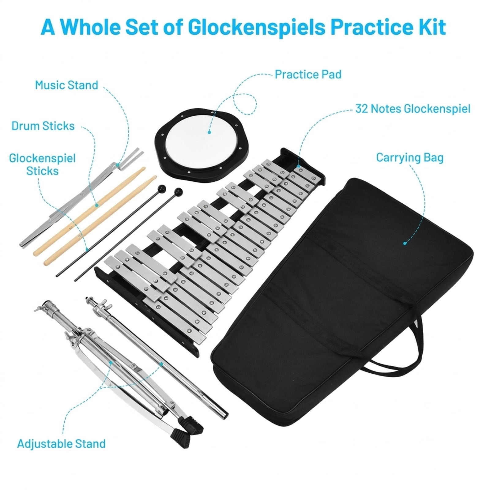 Redsmile 32-Note Glockenspiel Xylophone Bell Kit with Adjustable Steel Stand and Mallets for Students and Bands, Black