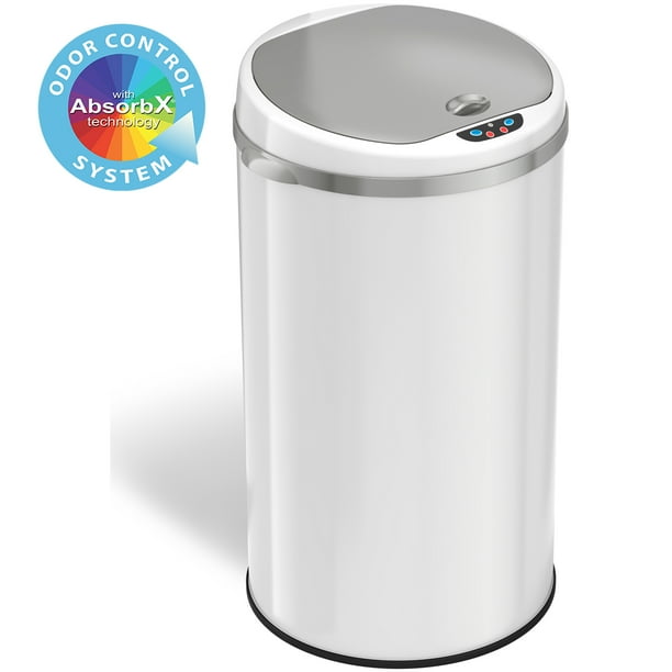 iTouchless 8 Gallon Round Matte White Steel Sensor Trash Can with