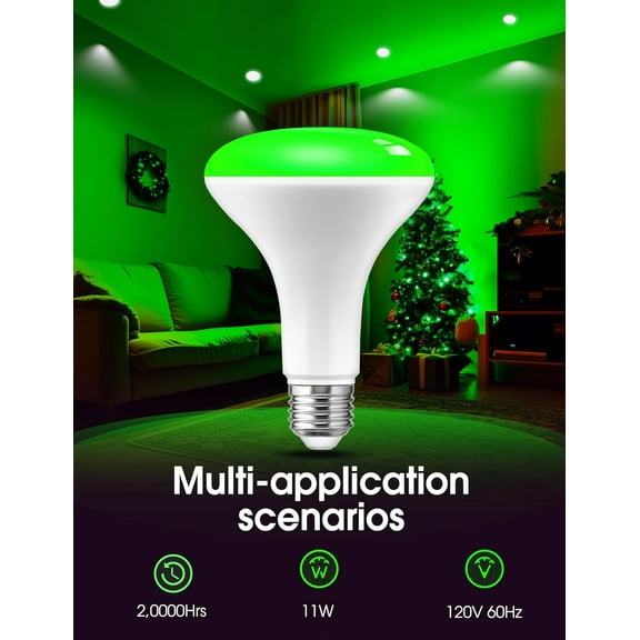 YJYASX-Christmas Green Flood Light Bulbs, Christmas LED BR30 Pure Green Flood Light Indoor 65W Equivalent, 11 Watt Colored Can Light Bulbs E26, for Holiday Party Decoration, New Year, 2 Pack