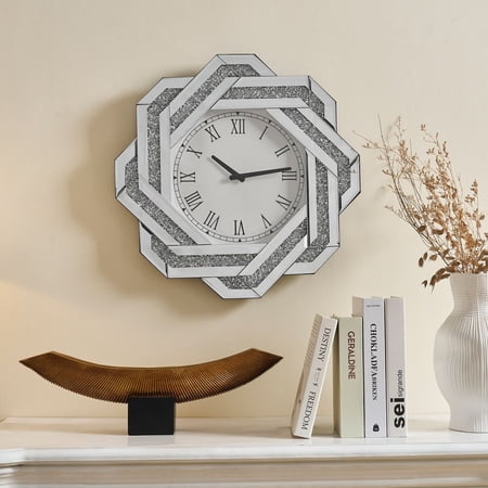 YINGYING 20 Large Wall Clock, Silver Mirrored Wall Clocks with Roman Numerals, Crushed Diamond Clock Decorative, Beveled Glass Frame for Living Room, Bedroom & Dining Room