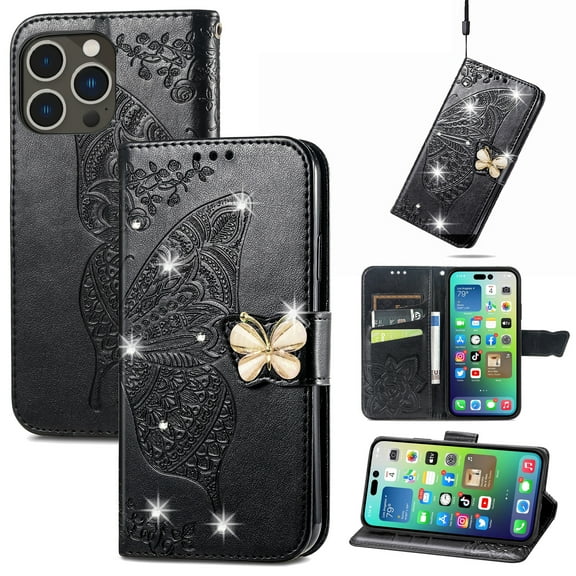 Feishell for Apple iPhone 15 Pro Wallet Case for Women Girls,Bling Diamond Butterfly Embossed PU Leather Magnetic Clasp Flip Kickstand ID Credit Card Slots Phone Case with Wrist Strap,Black