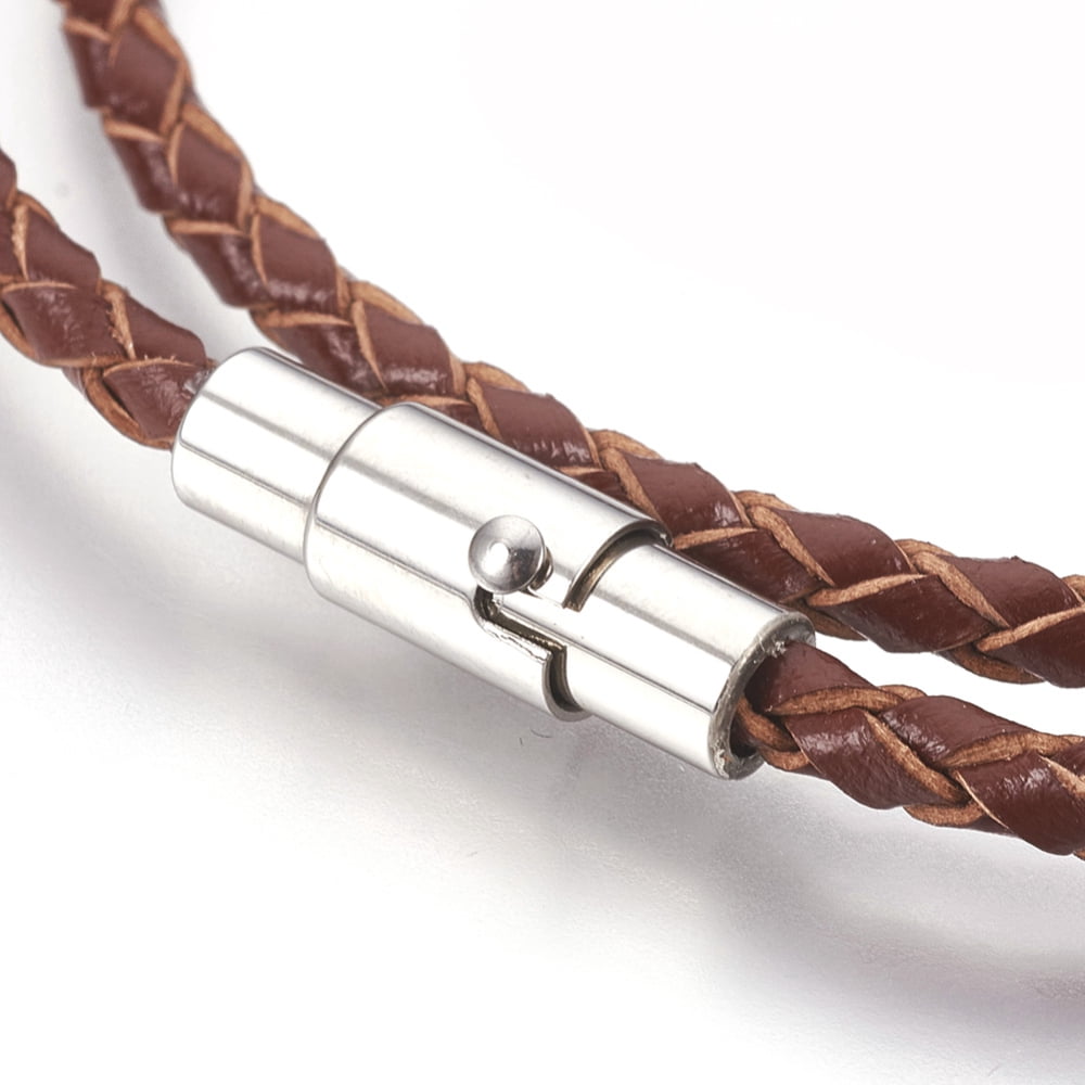 15 pc Leather Cord Wrap Bracelets/Necklaces Two Loops with 304 Stainless Steel Magnetic Screw Clasps Column Coconut Brown 16.5 inch~16.9 inch(42~43cm) 3mm