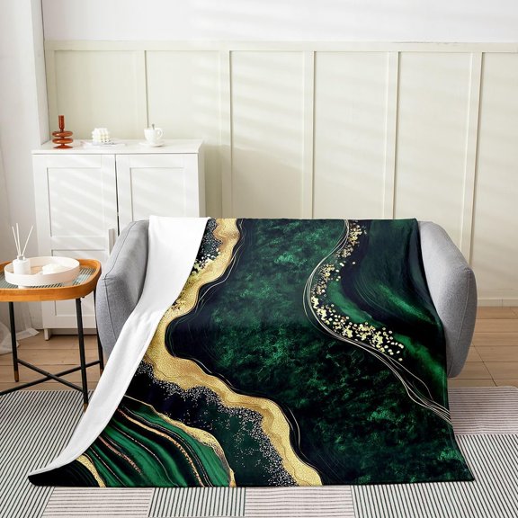 Green Gold Abstract Marble Pattern Fluffy Plush Blanket for Bed and Couch