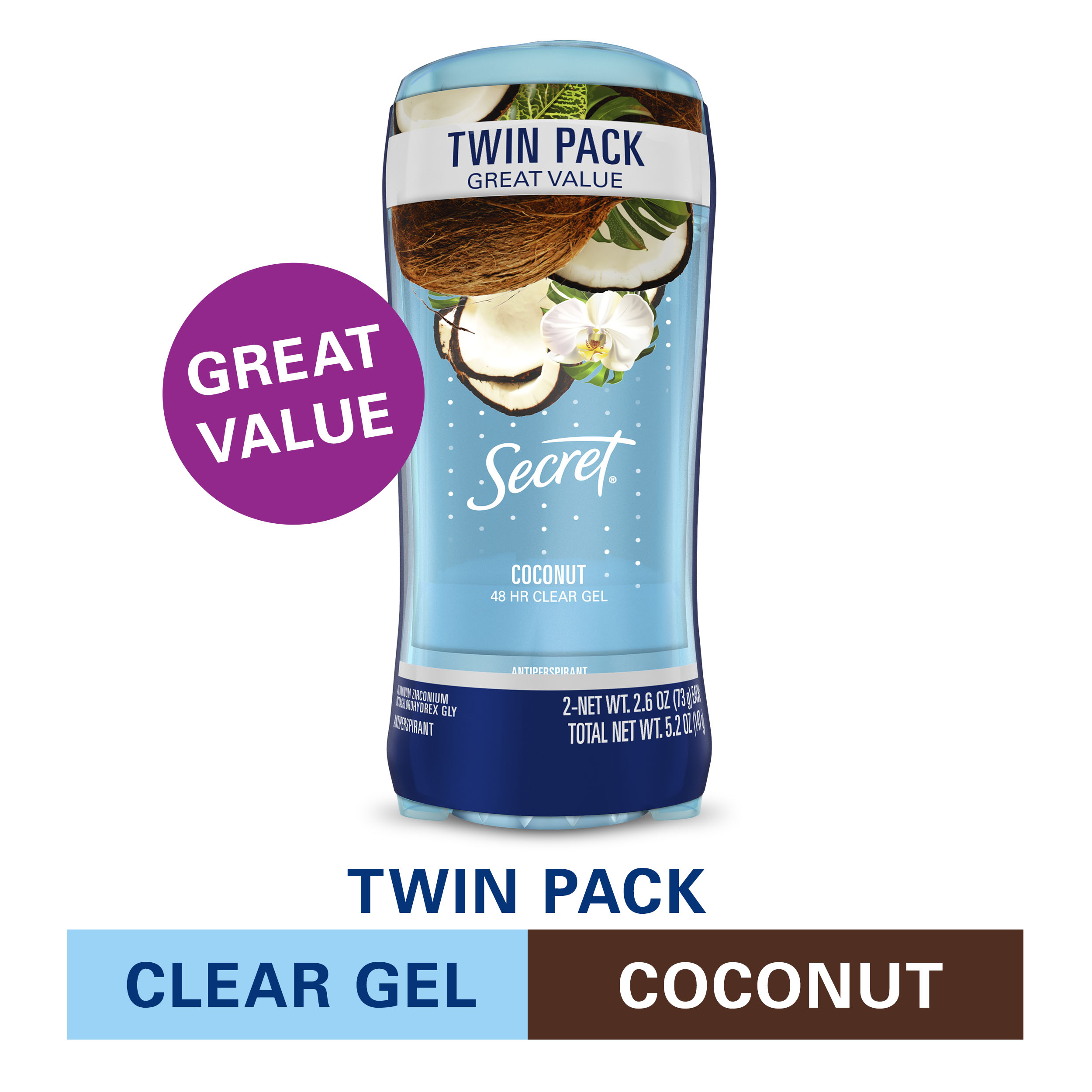 Secret Clear Gel Antiperspirant Deodorant, Coconut Scent, 2.6 oz Each