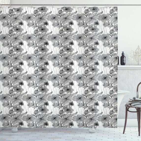 Ambesonne Floral Shower Curtain, Hand Drawn Line Art Design, 69"Wx70"L, Black and White
