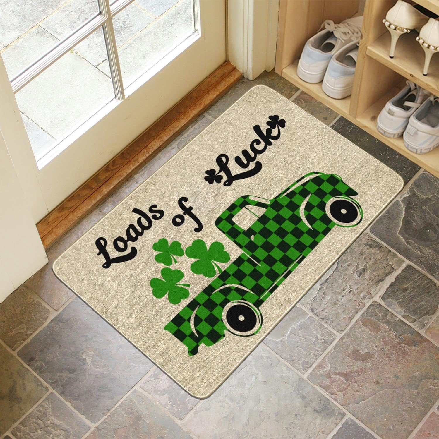 Linen Loads of Luck Door Mat St.Patrick''s Day Rug Indoor and Outdoor Front Entrance Doormat Home Decor Heavy Rubber Backing for Non Slip, 30" X 17"