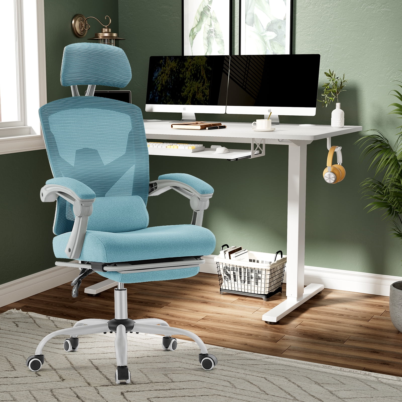 JOINSUN High Back Mesh Office Chair, Ergonomic Lumbar Support, Headrest, Footrest for Home, Blue