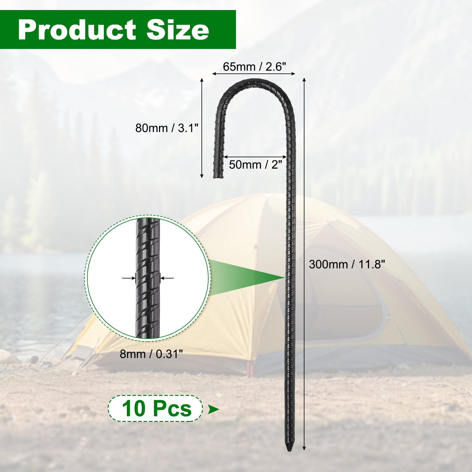 10 Pack Ground Stakes Heavy Duty J Shaped Stakes, 12 Inch Steel Tent Pegs 0.31" Dia J Hook Ground Anchors Link Fence Spikes with Chisel Point End for Garden Camping Gazebo, Black
