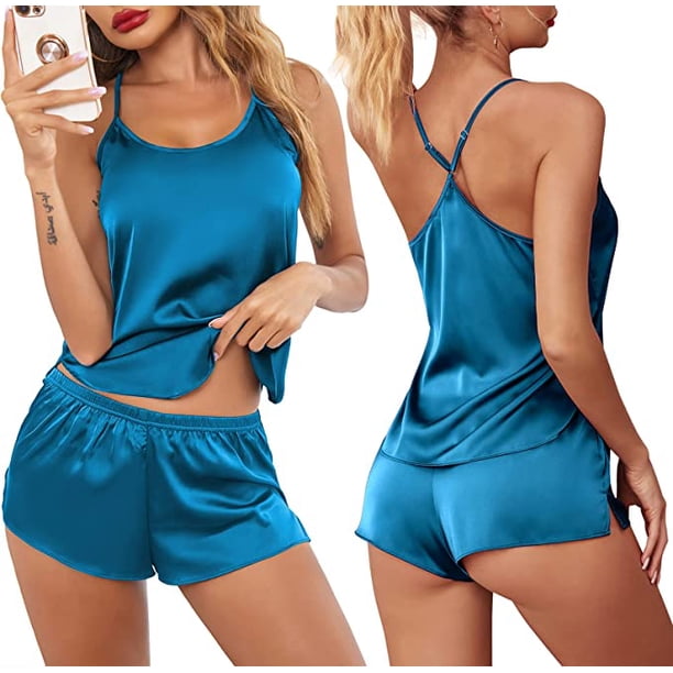 Conjunto de Pijama de satén de encaje para mujer, ropa de dormir Sexy, Tops sin mangas y pantalones cortos, conjuntos de 2 piezas qym unisex