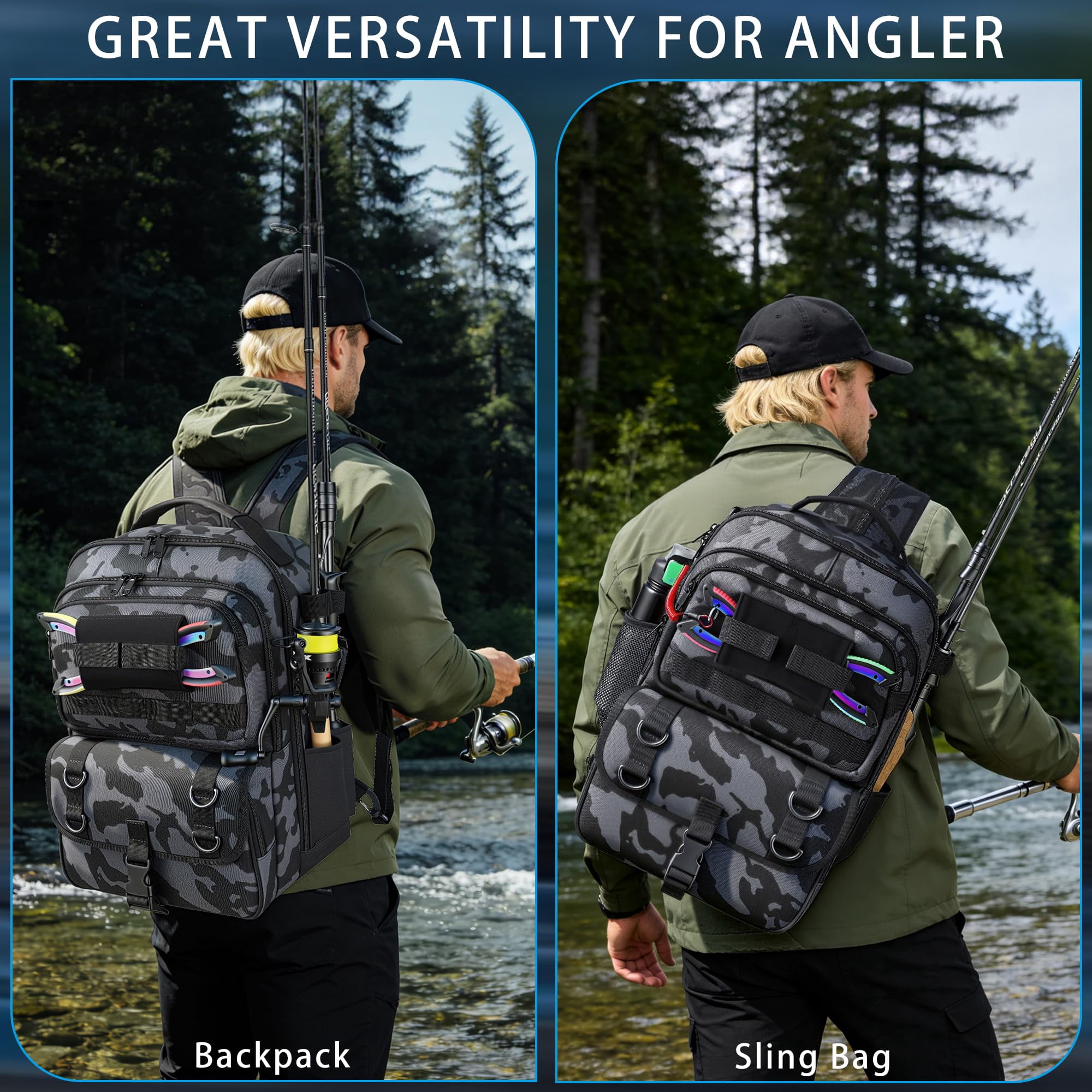 Fishing Backpack With Tackle Boxes Sling Bag Rod Holder Waterproof Gear  Gifts For Men Women Combo Kit Camouflage Black