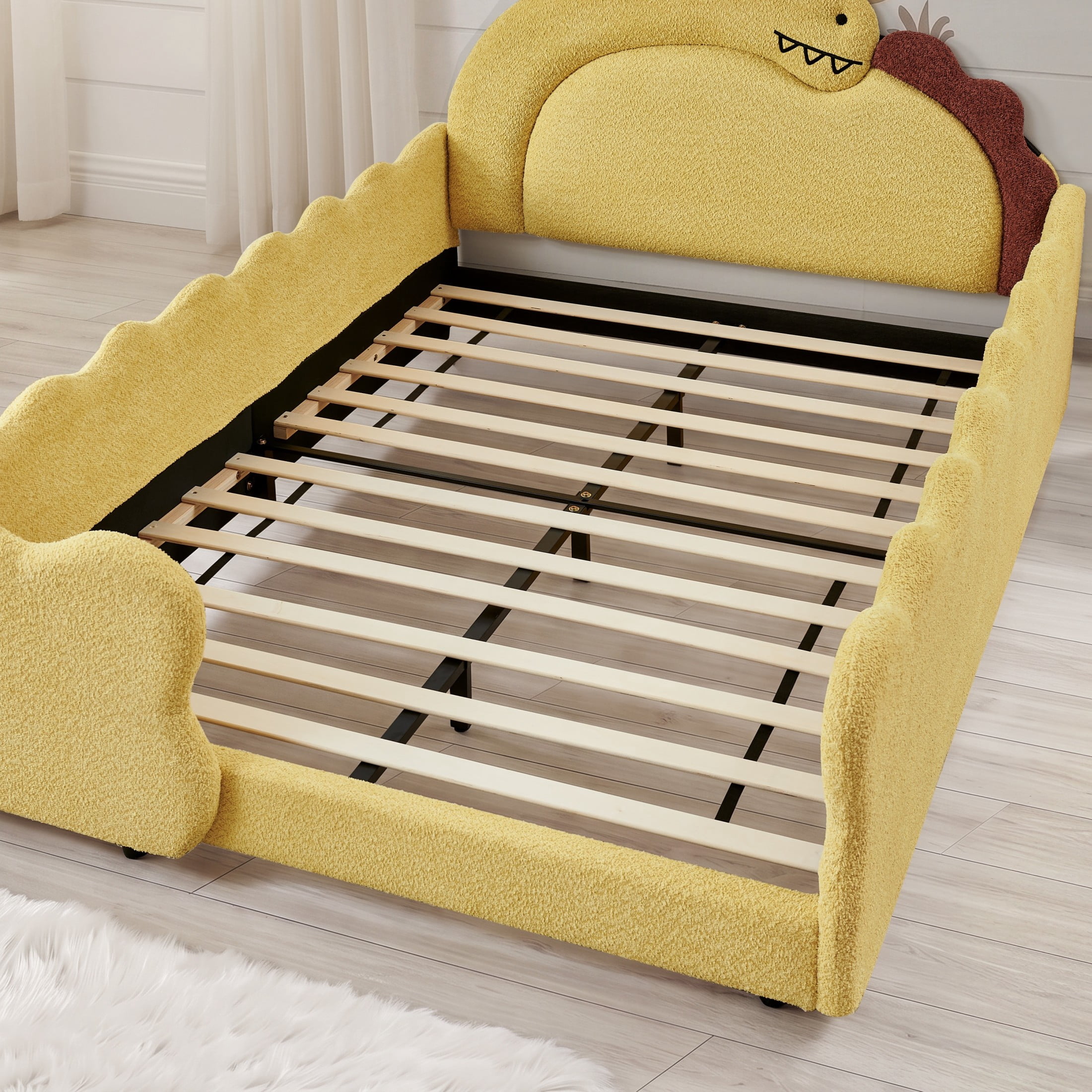 GDF Studio Full Size Cute Dinosaur Bed with Safety Guardrails & Solid Wood Frame, Boucle Fabric Upholstered Bed, Yellow