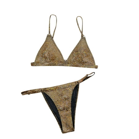 Women Sexy Brazilian Bikini 2 Piece Spaghetti Strap Top Thong Swimsuit Women Sexy Bikini Push-Up Padded Swimwear Swimsuit Beachwear Set Gold M