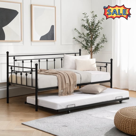 Tcbosik Twin Size Daybed with Trundle, Metal Sofa Bed Frame for Living Room, Bedroom and Guest Room, Space Saving, Black