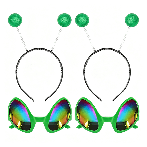 BZCOE Green Alien Headbands and Glasses - Martian Antenna Headbands - Glitter Ball Head Boppers - Space Theme Costume Accessories (2 Pack)