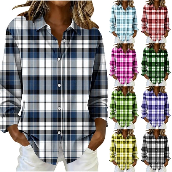 JDQJBZ Summer Womens Tops,Womens Long Sleeve Tops Shirts For Women Casual Tops For Women Plaid Print Button Front Spring Summer Ladies Shirt Daily Wear