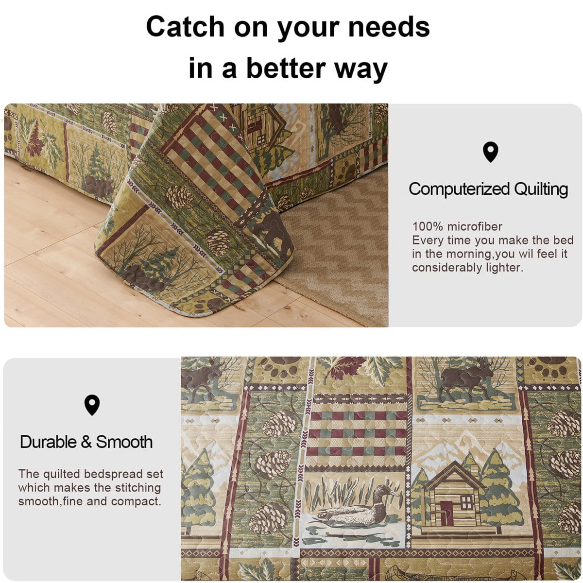 Beartech Quilt Set Twin Size Rustic Bedding Lodge Cabin Quilt Forest Bear Bedspread Coverlet Lightweight Reversible Microfiber Quilt