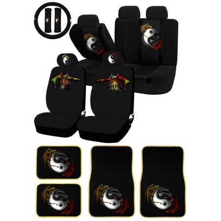 26PC Yin Yang red yellow Dragons Universal Seat Covers & Carpet Floor Mat Set Car Truck SUV