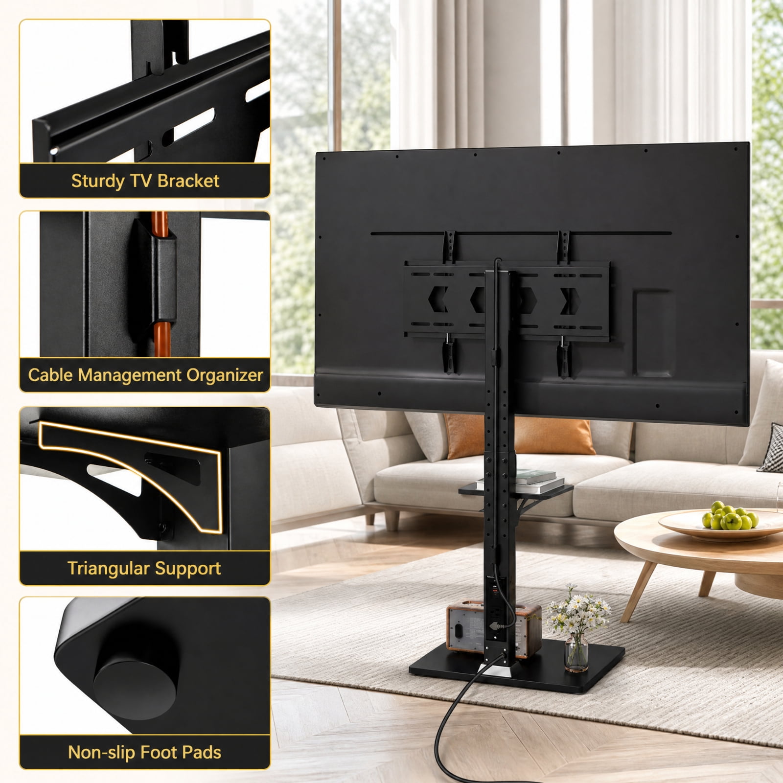 Furnibear Tilt and Height Adjustable Floor TV Stand with Power Outlet and Adjustable AV Shelf for Living Room Bedroom Media Console, Black
