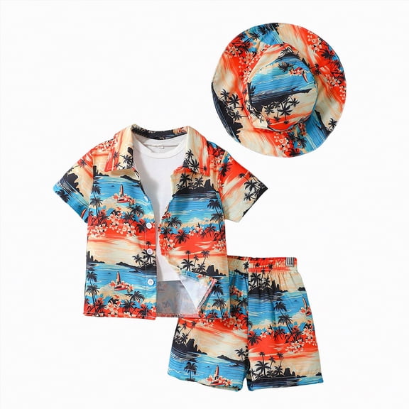 Toddler Boy Summer Outfits Boys Hawaiian Outfit 2Pcs Set Summer Beach Button-Down Shirt Top   Shorts for Kids