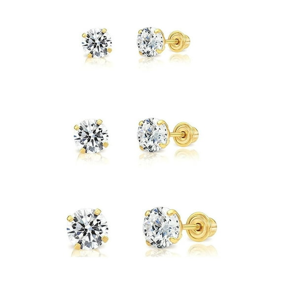 14k Yellow Gold Solitaire Round Cubic Zirconia Stud 3 Pair Earring Set 3mm, 4mm, 5mm