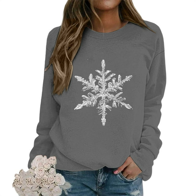 Chandail à Col Rond pour Femmes avec Imprimé Flocon de Neige, Haut Décontracté à Manches Longues sur le Thème de l'Hiver, Vêtement de Détente en Molleton Doux pour la Saison Automne Hiver, Usage Quotidien et Cadeaux de Vacances - Gris Foncé
