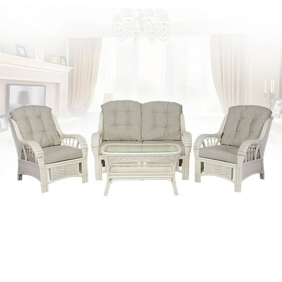 SK New Interiors Alexa Rattan Wicker Living Room Set 4 Pieces: 2 Lounge Chair Loveseat Coffee Table, White Color