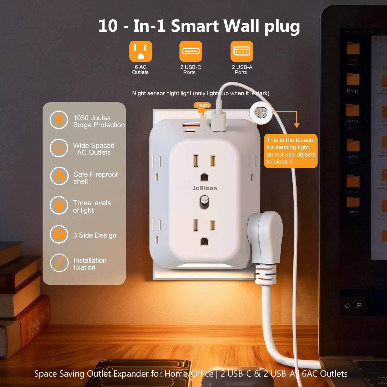 10-in-1 Upgraded USB Wall Outlet - 3-Sided Surge Protector with Auto Dark Sensor & Touch Switch, 3 Modes Warm Night Light with Auto Sensor,
