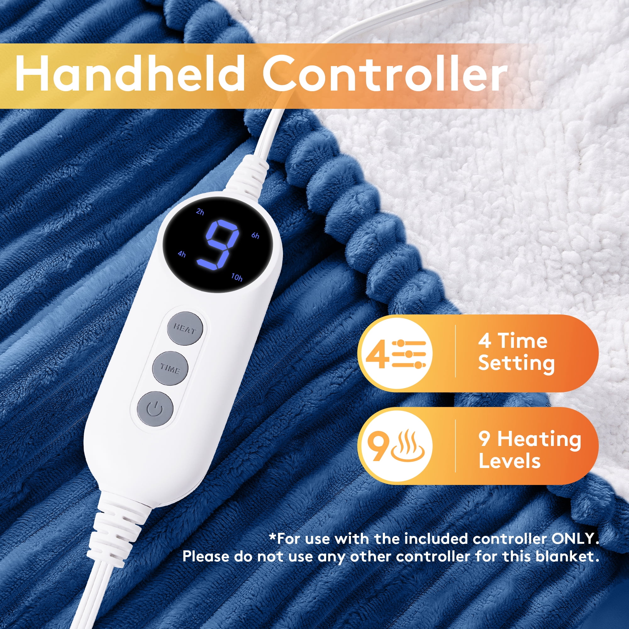 Vccoem Electric Heated Blanket Throw 50"x60", 9 Heat Levels & 2 to 10 Hours Auto Shut-Off, Over-Heat Protection, Soft Ribbed Flannel to Sherpa, Machine Washable, Navy