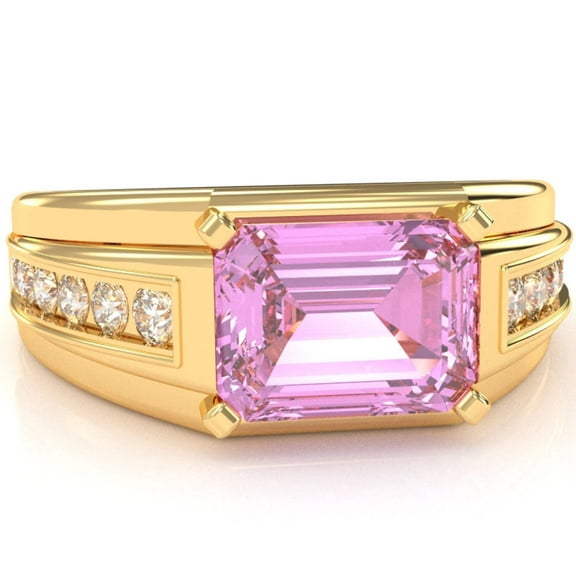 Men's Lab-Created Pink Sapphire Diamond Channel Ring In Solid 14k Yellow Gold