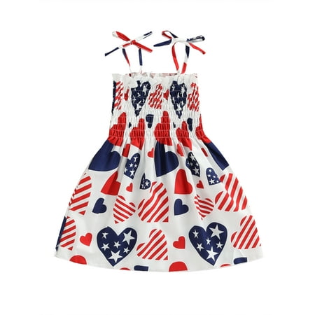 

GuliriFei Summer Independence Day Kids Toddler Girls A-line Dress Girls Heart/ Star Stripe Print Spaghetti Strap Clothes