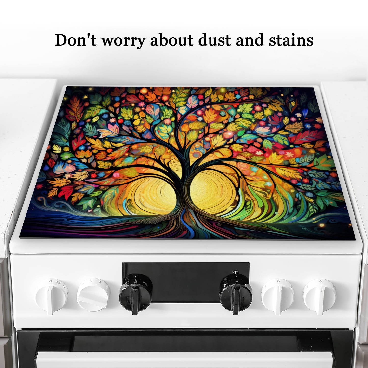 Square Electric Stove Top Cover, Abstract Huge Tree of Life Colorful Heat Resistant Glasstop Stove Covers, Washable Countertop Protector Mat for Kitchen RV(28×20 Inch)