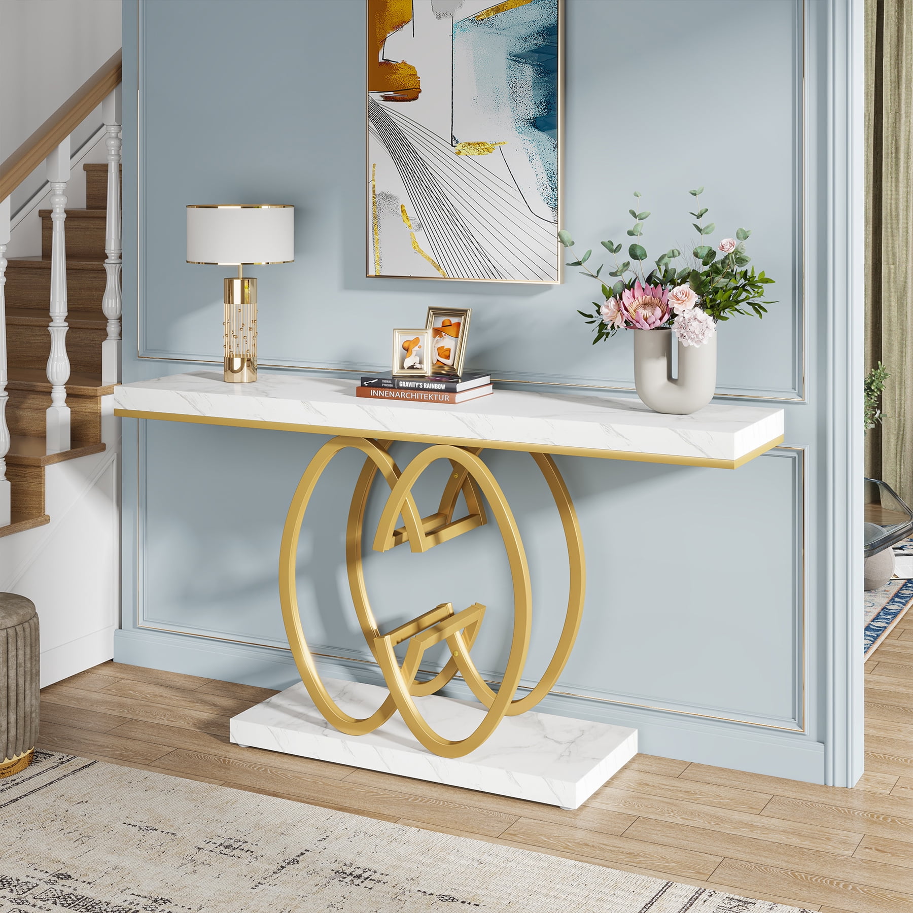 Tribesigns 55 Inch Console Table for Hallway, Faux Marble Gold Entryway Table with Geometric Metal Base, Modern Narrow Sofa Accent Table for Entrance, Living Room, Foyer