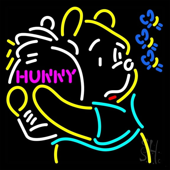 Pooh With Flowers Butterfly LED Neon Sign 24 x 24 - inches, Black Square Cut Acrylic Backing, with Dimmer - Bright and Premium built indoor LED Neon Sign for caf, club, party, event and stroefront.