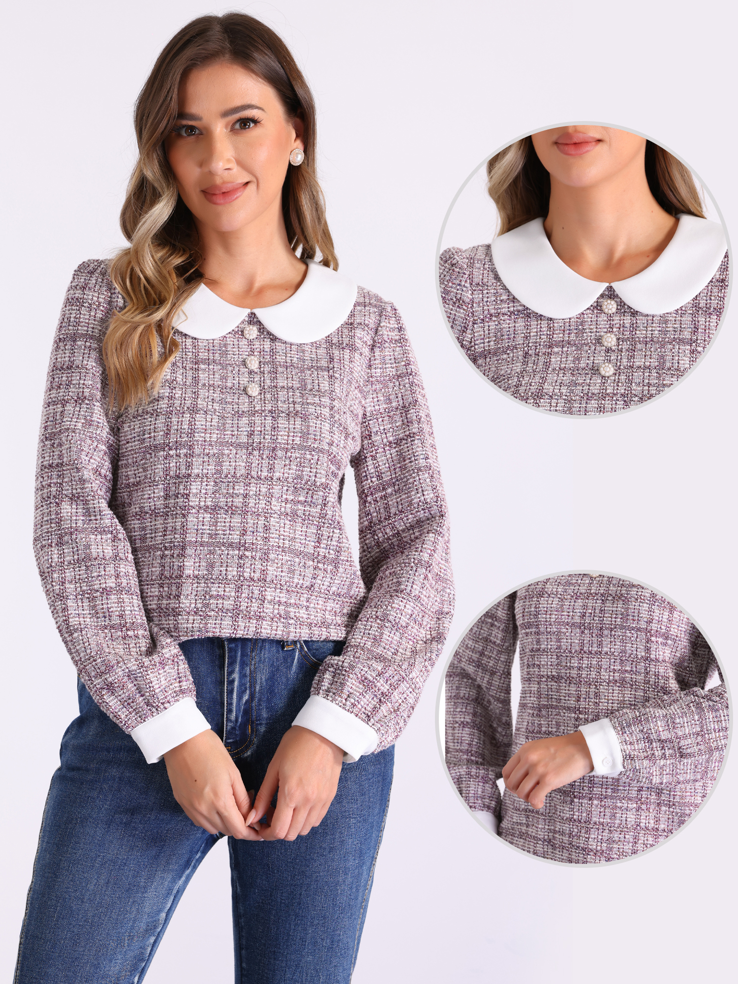 DARING DIVA Women's Button Decor Crew Neck Collared Tweed Blouses M Pink