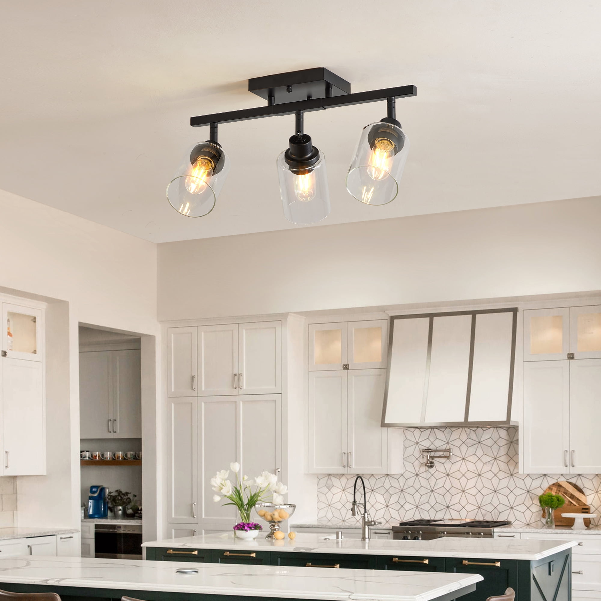 Leumius 3-Light Semi Flush Mount Ceiling Light, Adjustable Kitchen Light Fixtures Ceiling Mount with Clear Glass Shades, Rotatable Black Track Lighting Fixtures for Hallway, Foyer, Bedroom(No Bulbs)