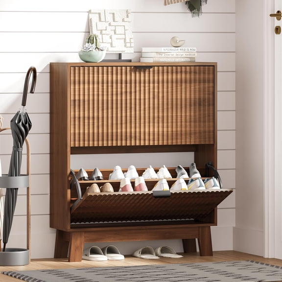 FANRAL Shoe Cabinet Entryway with 2 Flip Drawers, Narrow Shoe Storage Hidden Shoe Rack,Fluted Wood Shoe Organizer,Walnut Shoe Cabinet