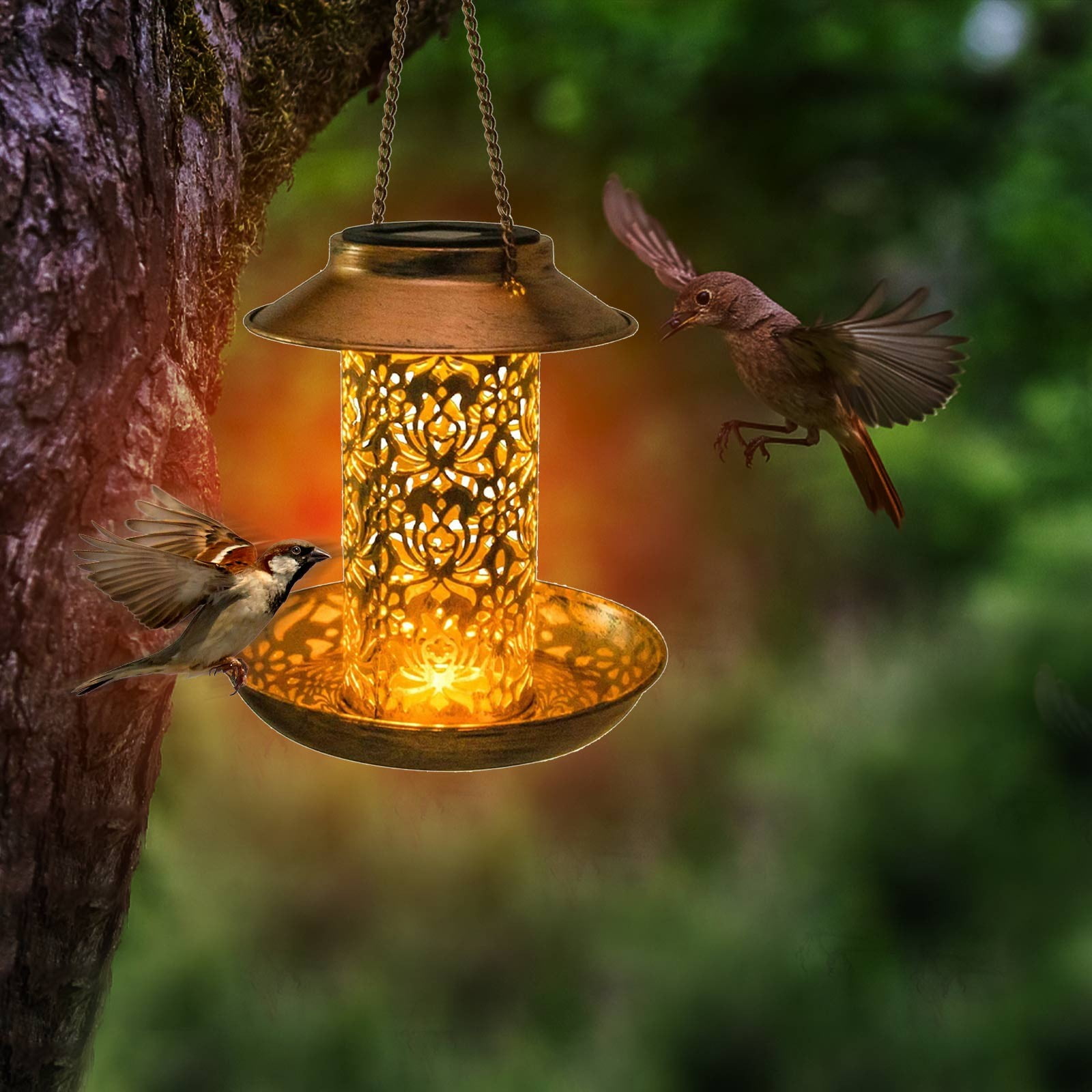 Solar Yard Iron Bird Feeder Lamp,LED Solar Powered Hanging Garden Light Home Decor
