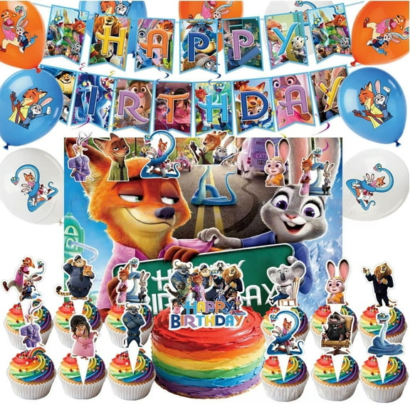 Zootopia Birthday Party Kit: This Zootopia party decoration kit includes a Zootopia birthday banner, backdrop, balloons, hanging cake decorations, and other party supplies.