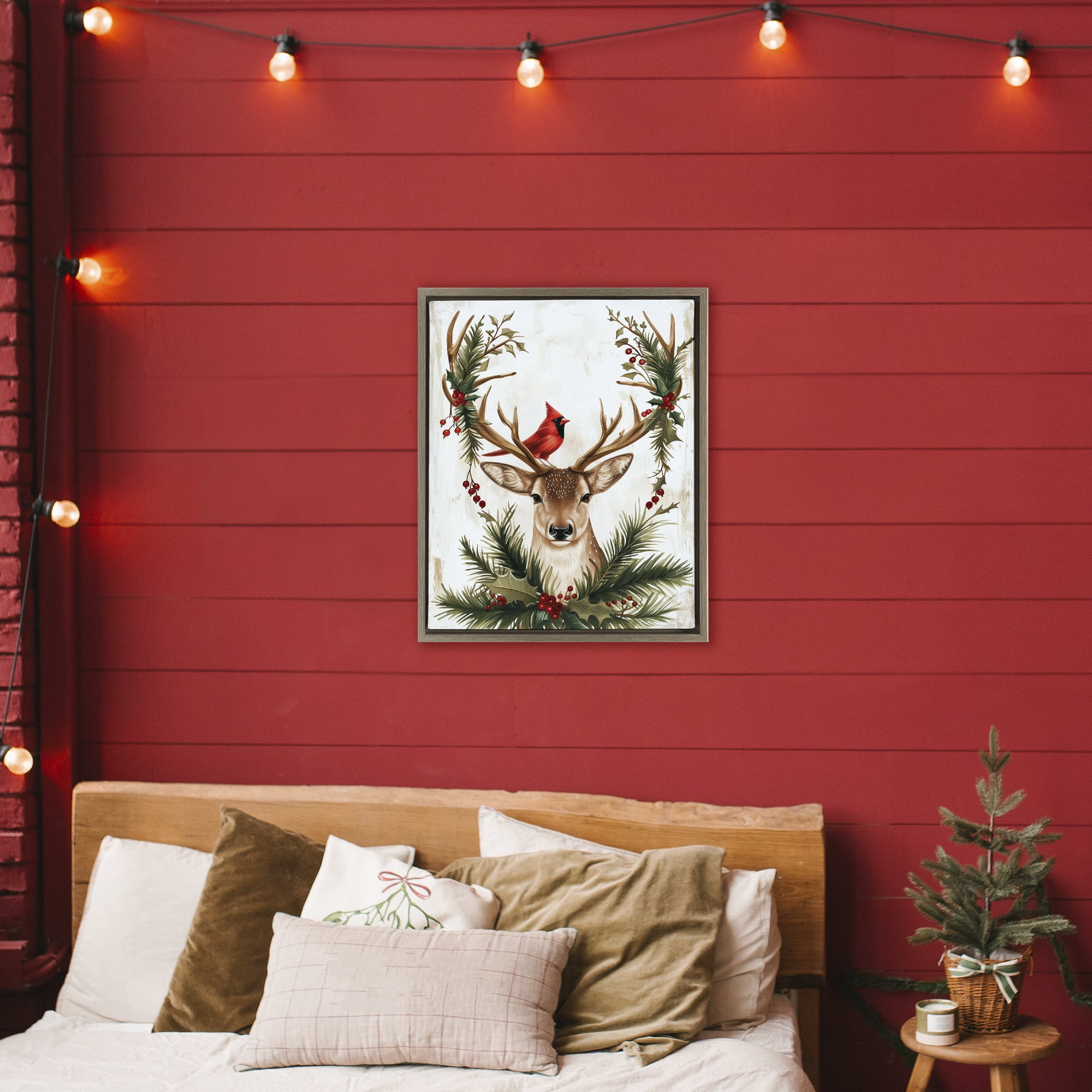 Stupell Industries Cardinal & Deer with Festive Flora Brown Framed Floater Canvas Wall Art, design by Acorn & Ivory Designs