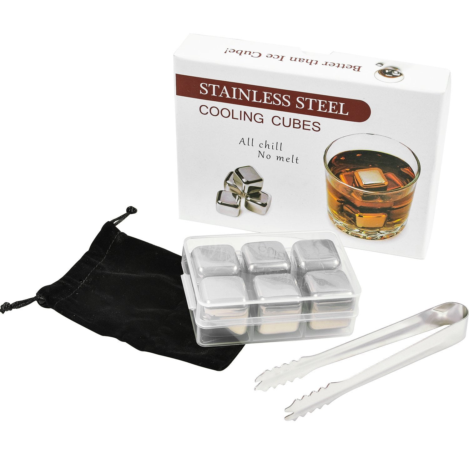 Great White Ice Whiskey Stones 6 Premium Drink Chilling Pure Stainless Steel Reusable Ice Cubes With Tongs And Storage Pouch.