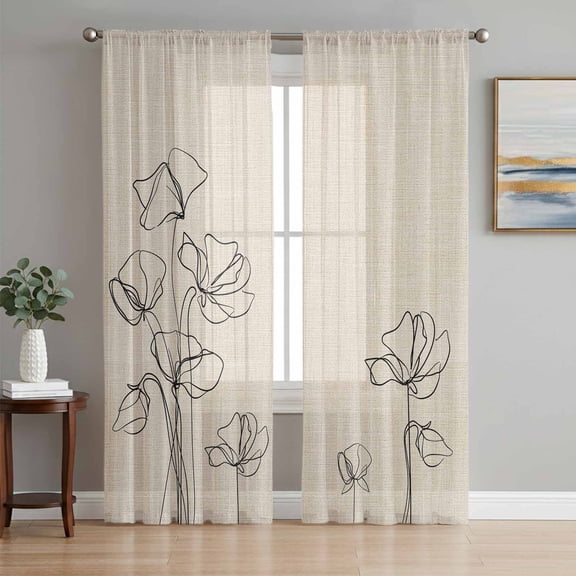 Retro Beige Flowers Sheer Curtains 84 Inch Length 2 Panels Set, Rustic Abstract Floral Simple Art Voile Window Treatment Rod Pocket Curtains Sheers Drapes for Bedroom/Living Room/Kitchen 52"x84"x2